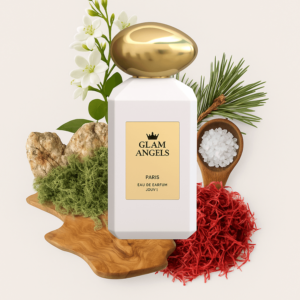 Μπουκάλι αρώματος Glam Angels τύπου Baccarat Rouge, τοποθετημένο μπροστά σε φυσικά υλικά όπως άγρια βότανα, κόκκινες νιφάδες και ξύλο