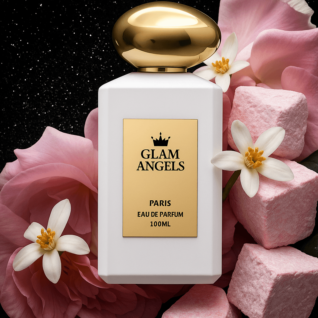 Άσπρο μπουκάλι αρώματος Glam Angels τύπου Love Don’t Be Shy, τοποθετημένο ανάμεσα σε ροζ λουλούδια, λευκά άνθη και ροζ ζαχαρωτά